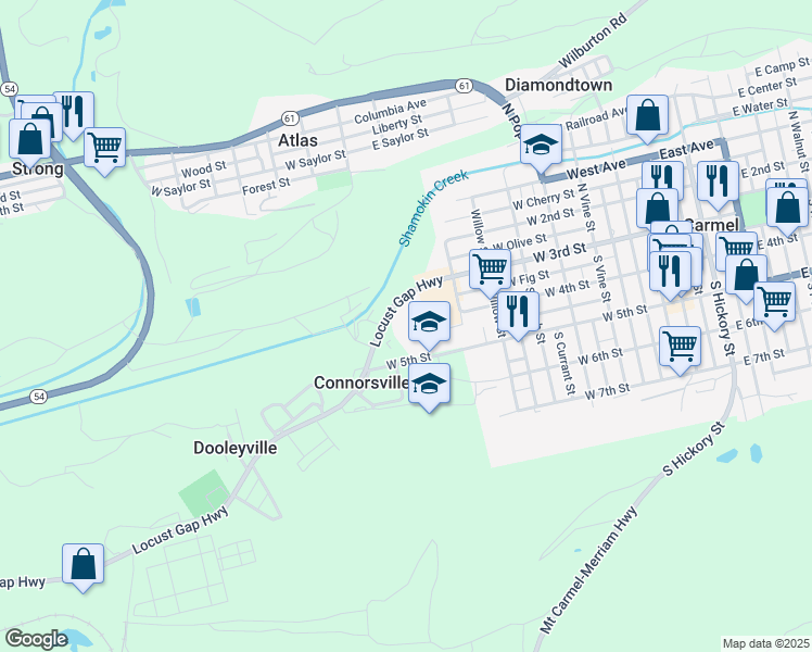 map of restaurants, bars, coffee shops, grocery stores, and more near 2616 Locust Gap Highway in Mount Carmel