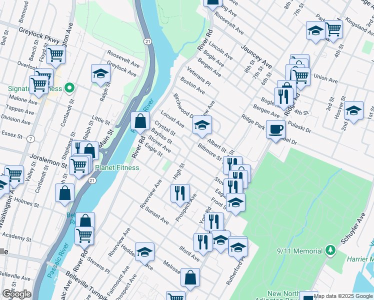 map of restaurants, bars, coffee shops, grocery stores, and more near 201 Crystal Street in North Arlington