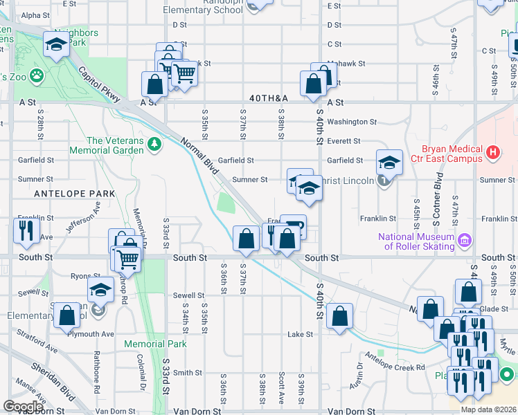 map of restaurants, bars, coffee shops, grocery stores, and more near 3730 Normal Boulevard in Lincoln
