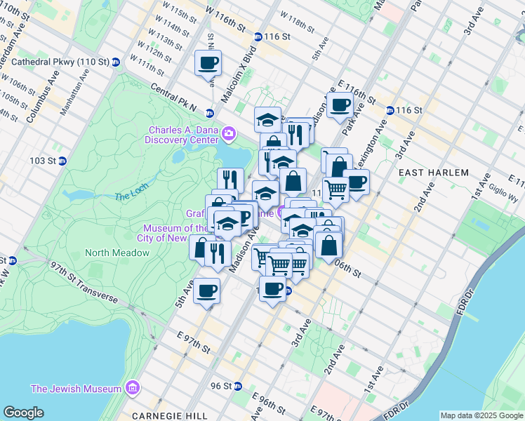 map of restaurants, bars, coffee shops, grocery stores, and more near 35 East 106th Street in New York