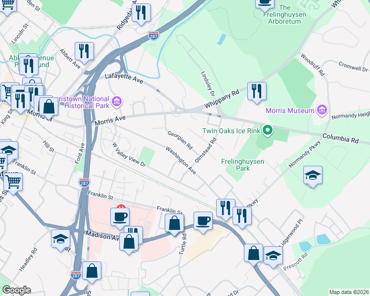 map of restaurants, bars, coffee shops, grocery stores, and more near 47 Georgian Rd in Morristown