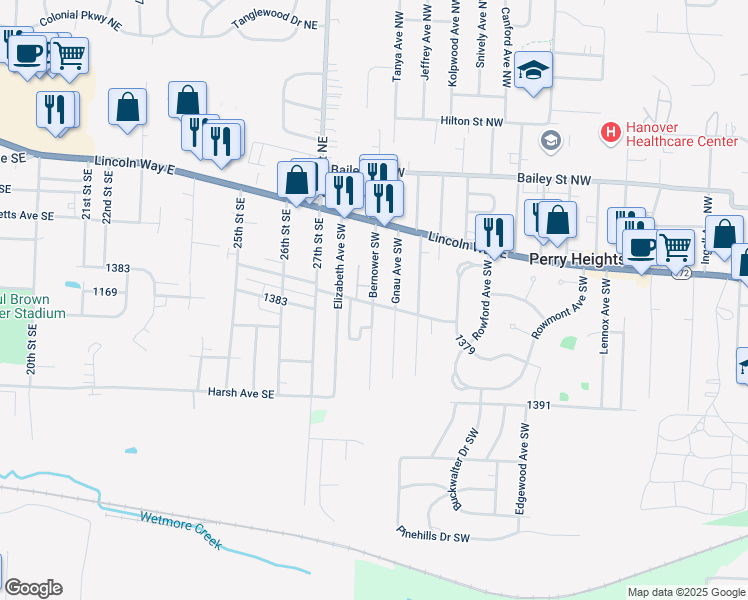 map of restaurants, bars, coffee shops, grocery stores, and more near 189 Gnau Avenue Southwest in Massillon