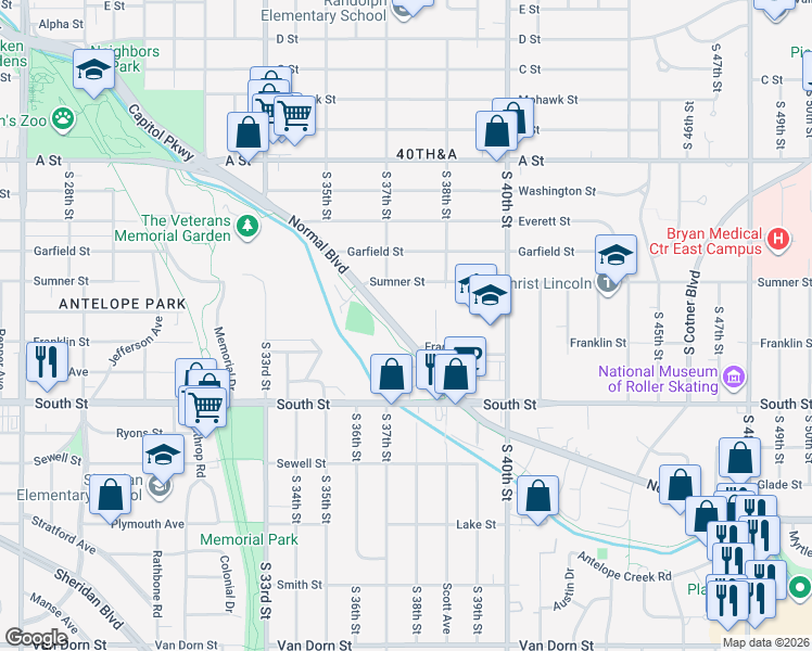 map of restaurants, bars, coffee shops, grocery stores, and more near 3730 Normal Boulevard in Lincoln