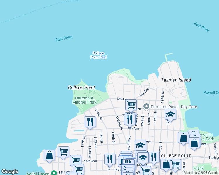 map of restaurants, bars, coffee shops, grocery stores, and more near 332B Soundview Lane in Queens