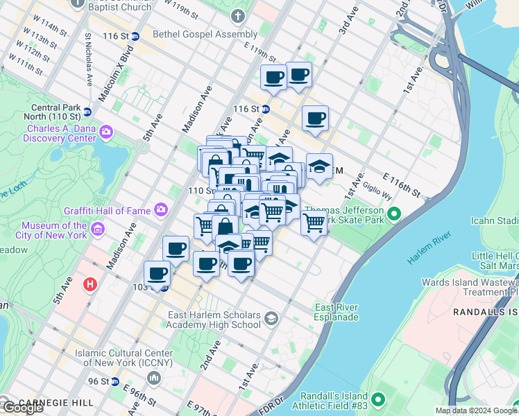 map of restaurants, bars, coffee shops, grocery stores, and more near in New York