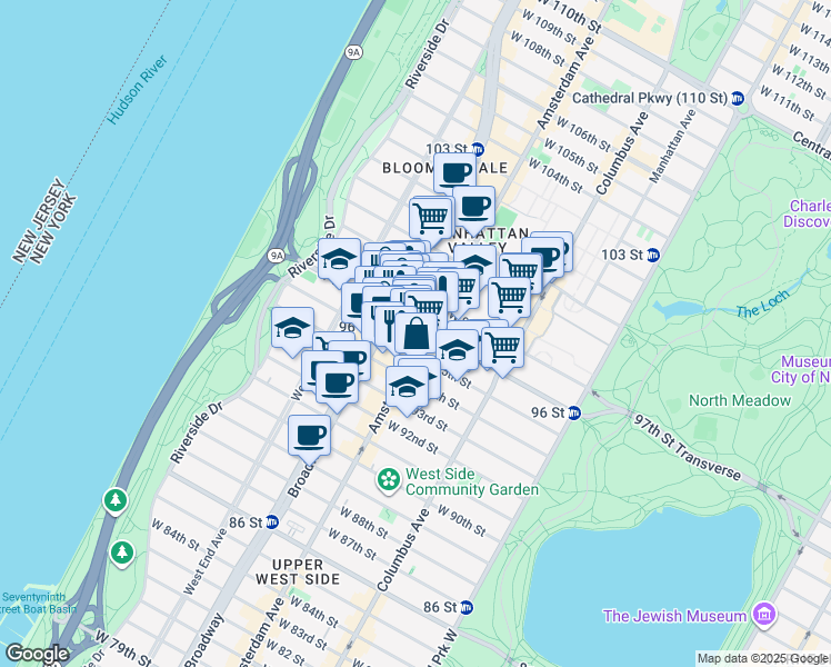 map of restaurants, bars, coffee shops, grocery stores, and more near 202 West 96th Street in New York