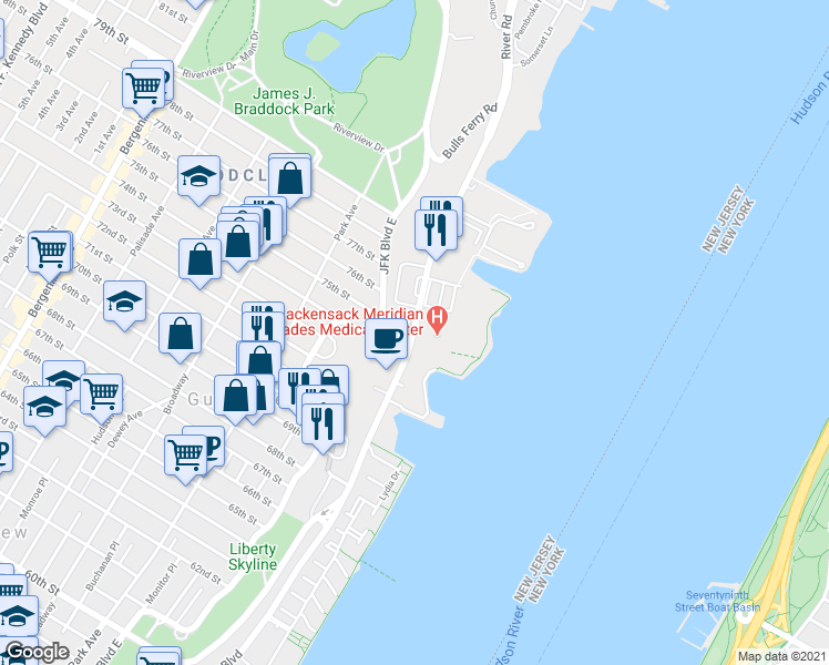 map of restaurants, bars, coffee shops, grocery stores, and more near 7440 Boulevard East in North Bergen