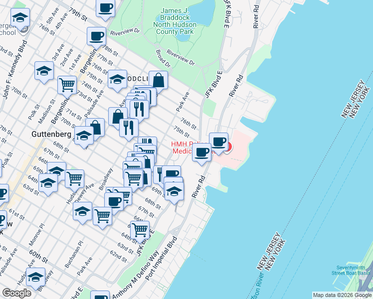 map of restaurants, bars, coffee shops, grocery stores, and more near in North Bergen