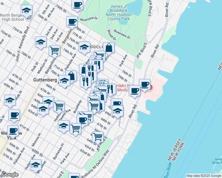 map of restaurants, bars, coffee shops, grocery stores, and more near 7203 Park Avenue in North Bergen