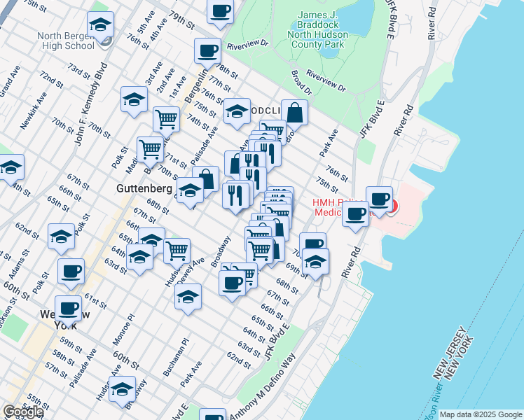 map of restaurants, bars, coffee shops, grocery stores, and more near in Hudson County