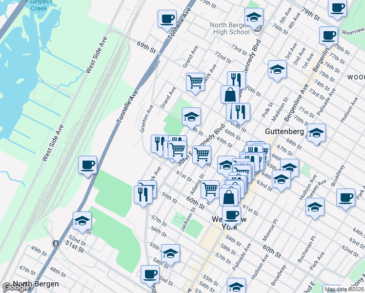 map of restaurants, bars, coffee shops, grocery stores, and more near 1221 63rd Street in North Bergen
