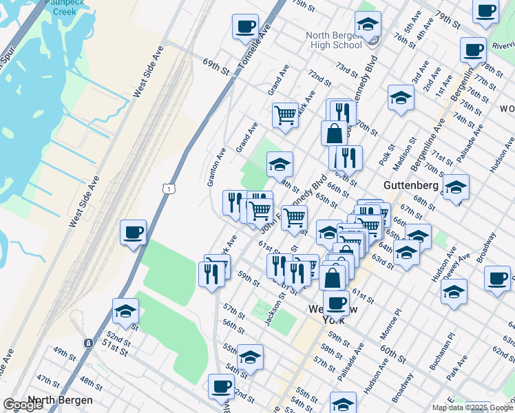 map of restaurants, bars, coffee shops, grocery stores, and more near 1221 63rd Street in North Bergen