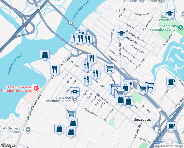 map of restaurants, bars, coffee shops, grocery stores, and more near 298 Front Street in Secaucus