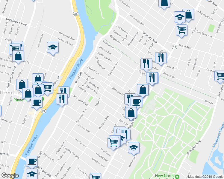 map of restaurants, bars, coffee shops, grocery stores, and more near 155 Biltmore Street in North Arlington