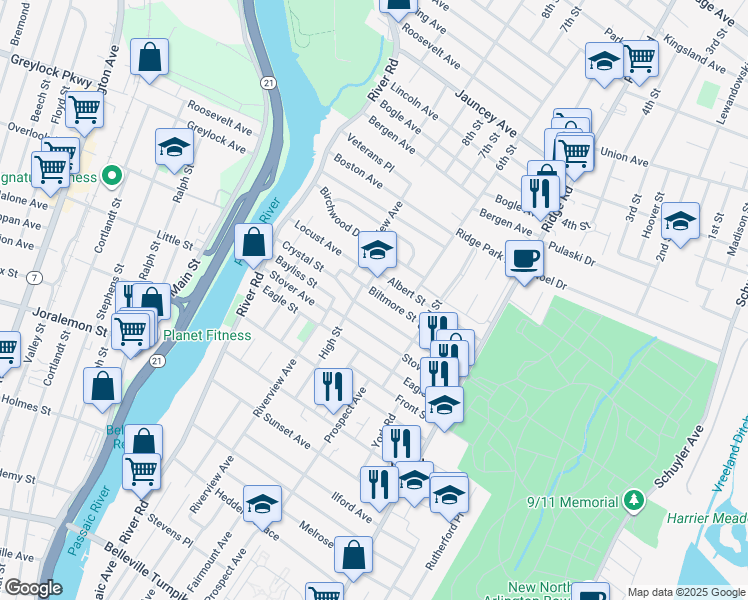 map of restaurants, bars, coffee shops, grocery stores, and more near 155 Biltmore Street in North Arlington