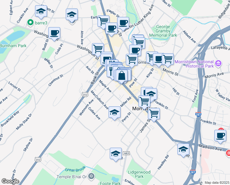map of restaurants, bars, coffee shops, grocery stores, and more near 37 Maple Avenue in Morristown