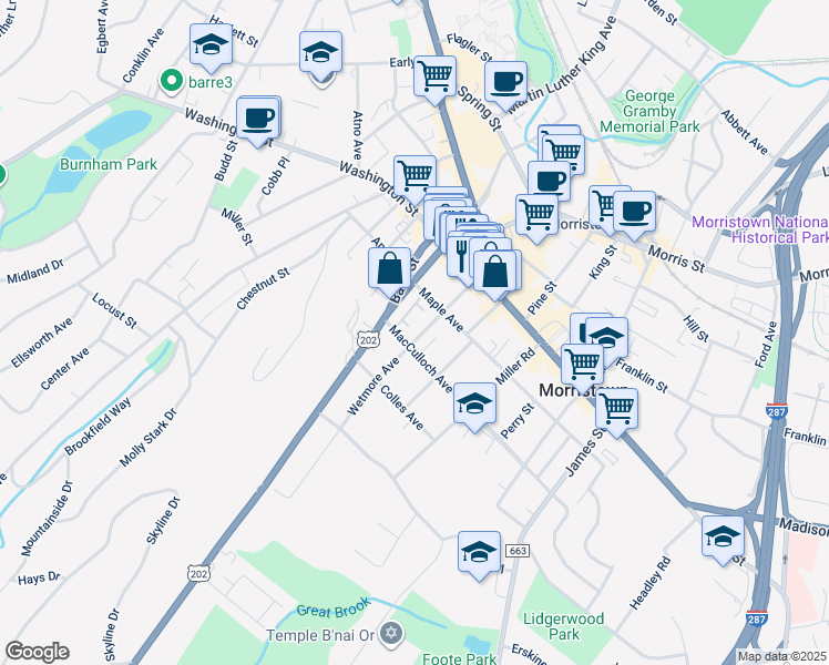 map of restaurants, bars, coffee shops, grocery stores, and more near 36 Dehart Street in Morristown