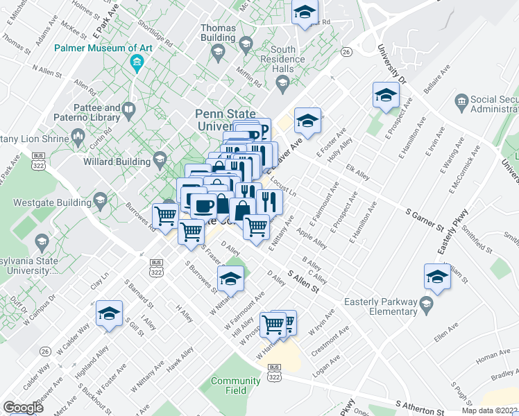 map of restaurants, bars, coffee shops, grocery stores, and more near 200 Highland Avenue in State College