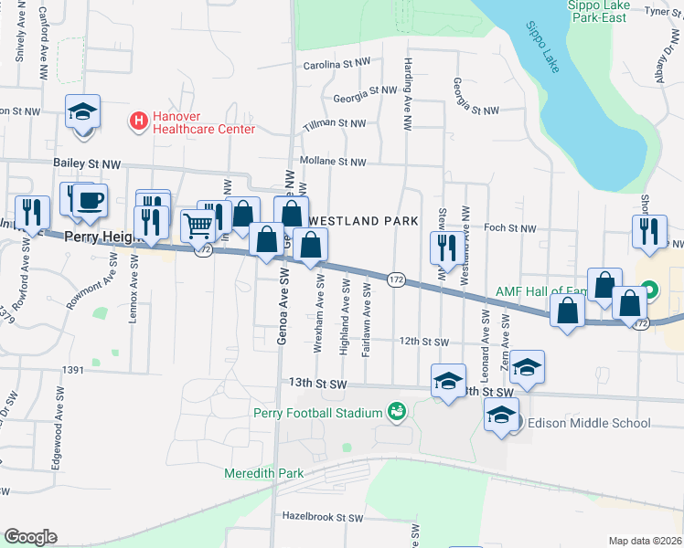 map of restaurants, bars, coffee shops, grocery stores, and more near in Perry Heights
