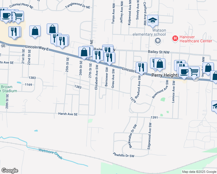 map of restaurants, bars, coffee shops, grocery stores, and more near 189 Gnau Avenue Southwest in Massillon
