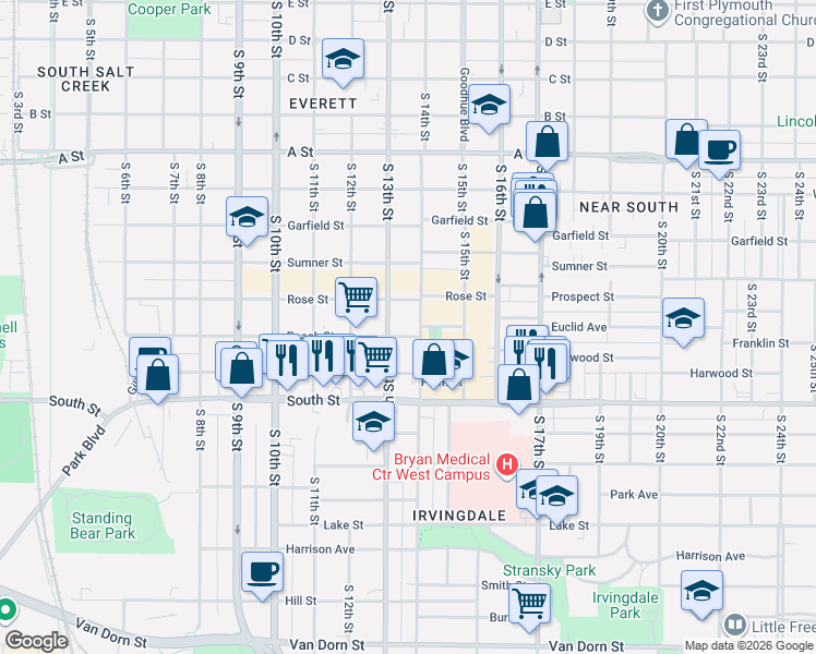 map of restaurants, bars, coffee shops, grocery stores, and more near 1320 Peach Street in Lincoln