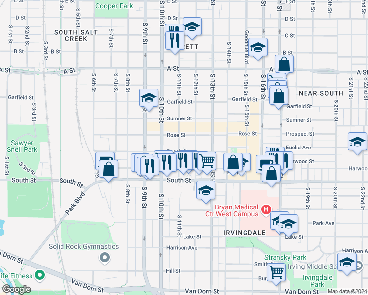 map of restaurants, bars, coffee shops, grocery stores, and more near 1120 Peach Street in Lincoln