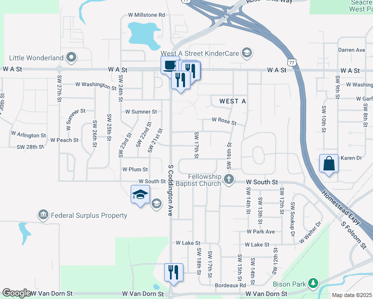 map of restaurants, bars, coffee shops, grocery stores, and more near 1831 West Peach Street in Lincoln