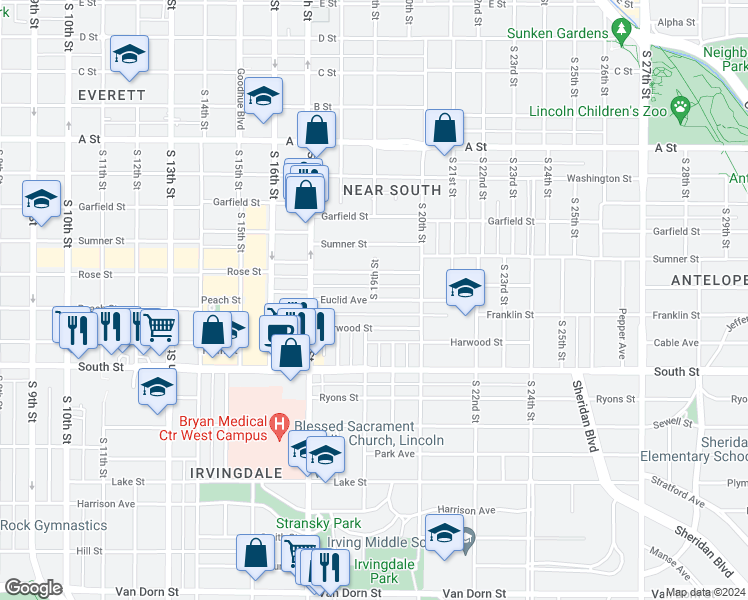 map of restaurants, bars, coffee shops, grocery stores, and more near 1942 South 19th Street in Lincoln