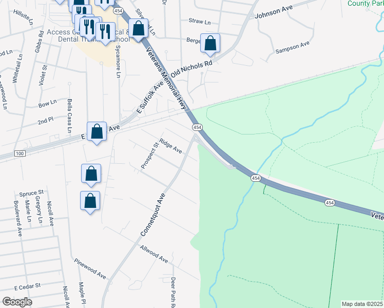 map of restaurants, bars, coffee shops, grocery stores, and more near 1339 Connetquot Avenue in Central Islip