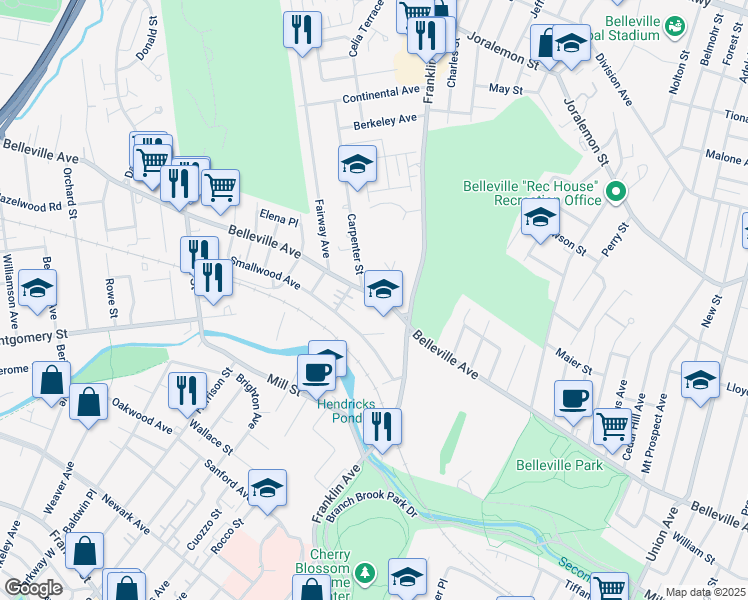 map of restaurants, bars, coffee shops, grocery stores, and more near 575 Belleville Avenue in Belleville