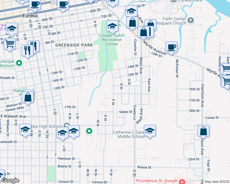 map of restaurants, bars, coffee shops, grocery stores, and more near 1609 17th Street in Eureka