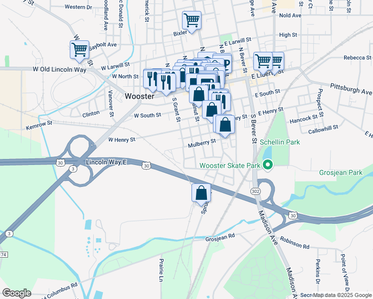 map of restaurants, bars, coffee shops, grocery stores, and more near 248 Mulberry Street in Wooster