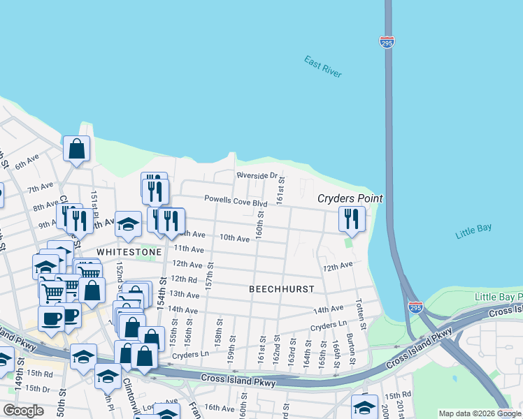 map of restaurants, bars, coffee shops, grocery stores, and more near 708 160th Street in Queens