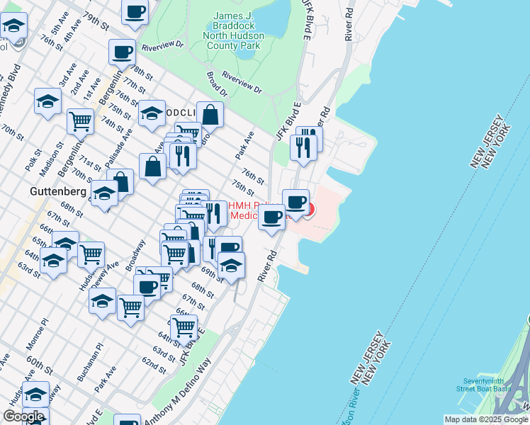 map of restaurants, bars, coffee shops, grocery stores, and more near 7427 Boulevard East in North Bergen