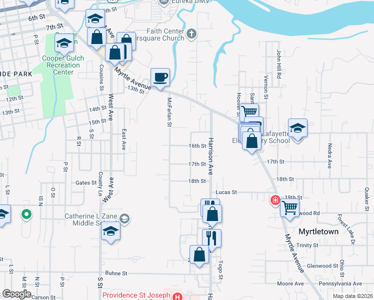 map of restaurants, bars, coffee shops, grocery stores, and more near 1612 Dean Street in Eureka