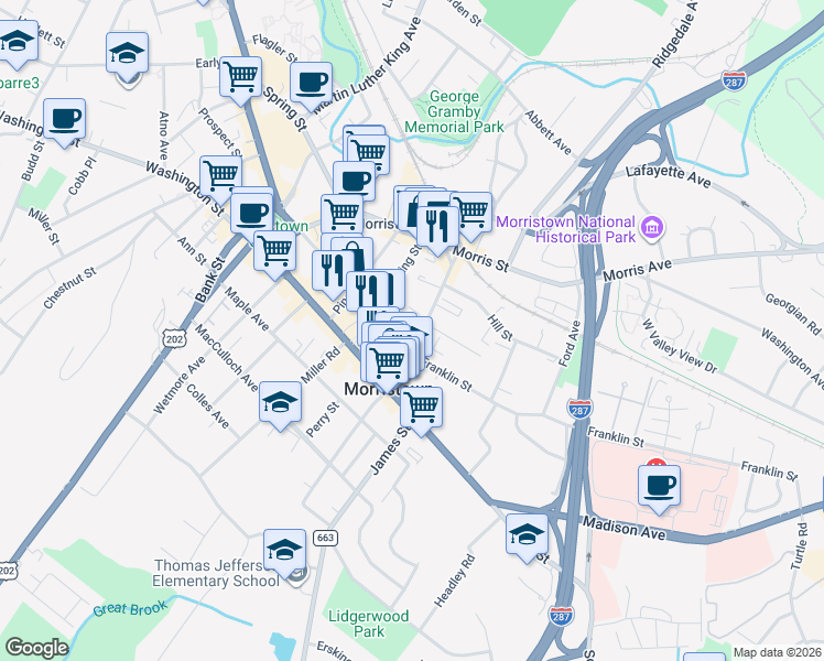 map of restaurants, bars, coffee shops, grocery stores, and more near 34 Elm Street in Morristown