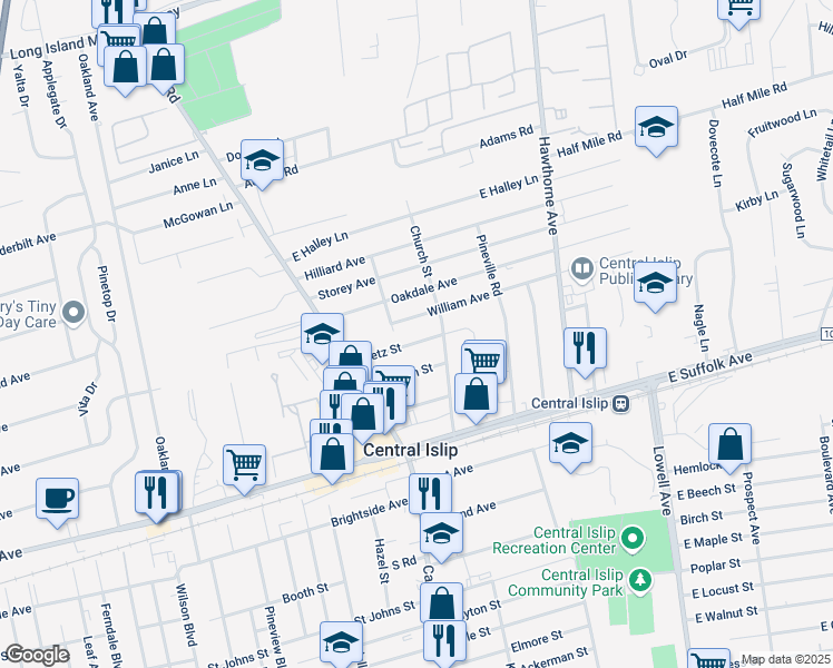 map of restaurants, bars, coffee shops, grocery stores, and more near 16 Dietz Street in Central Islip