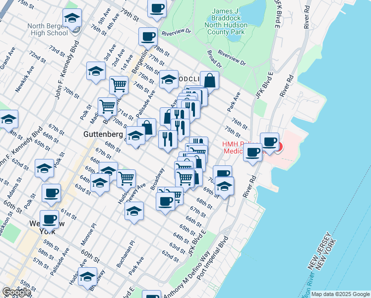 map of restaurants, bars, coffee shops, grocery stores, and more near 140 71st Street in Guttenberg
