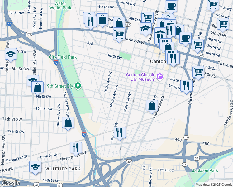 map of restaurants, bars, coffee shops, grocery stores, and more near 746 Marion Avenue Southwest in Canton