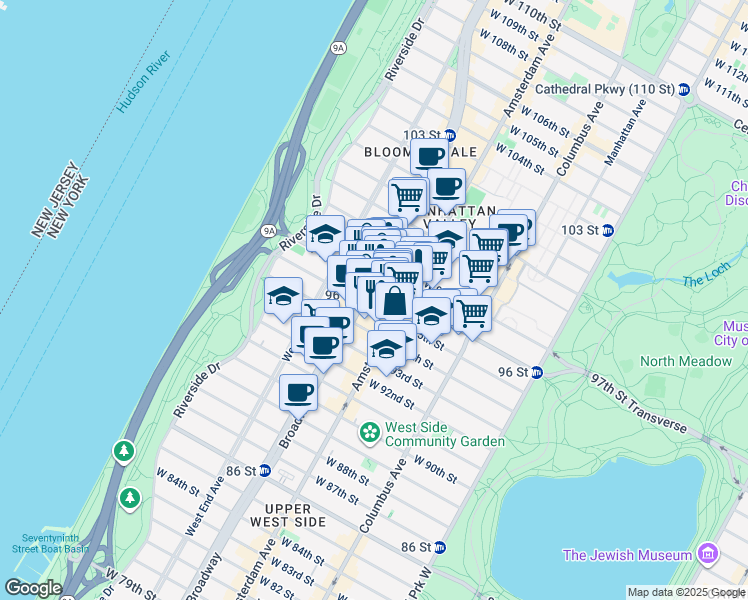 map of restaurants, bars, coffee shops, grocery stores, and more near 215 West 95th Street in New York