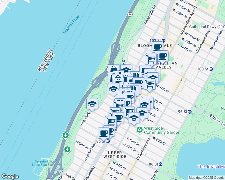 map of restaurants, bars, coffee shops, grocery stores, and more near 325 West 93rd Street in New York