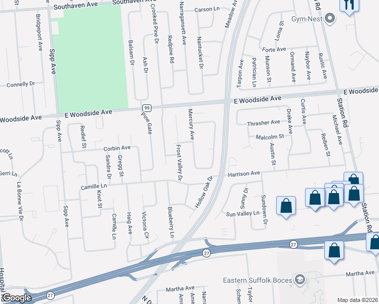 map of restaurants, bars, coffee shops, grocery stores, and more near 26 Mercury Avenue in East Patchogue