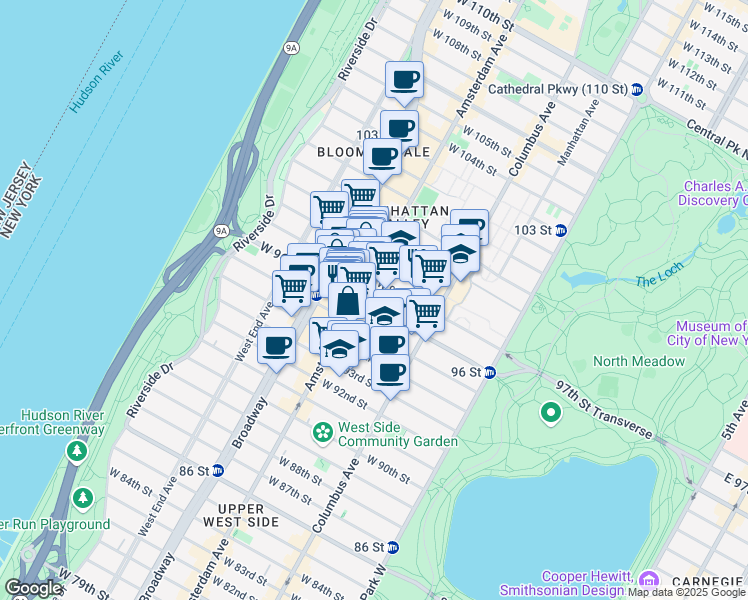 map of restaurants, bars, coffee shops, grocery stores, and more near 145 West 96th Street in New York