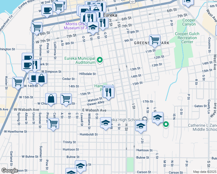 map of restaurants, bars, coffee shops, grocery stores, and more near 1421 F Street in Eureka