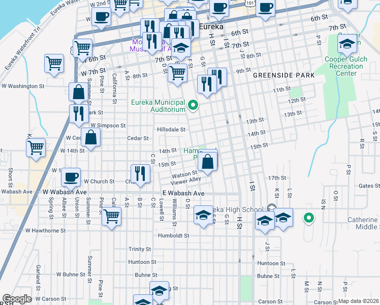 map of restaurants, bars, coffee shops, grocery stores, and more near 1410 E Street in Eureka