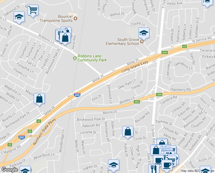 map of restaurants, bars, coffee shops, grocery stores, and more near 20 Elmwood Lane in Syosset