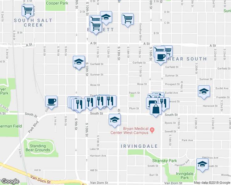 map of restaurants, bars, coffee shops, grocery stores, and more near 1240 Peach Street in Lincoln