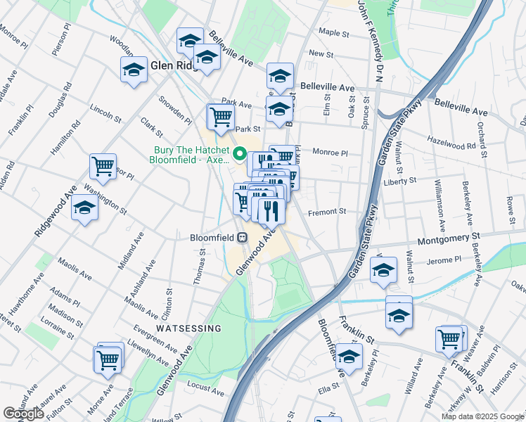 map of restaurants, bars, coffee shops, grocery stores, and more near 600 Bloomfield Avenue in Bloomfield