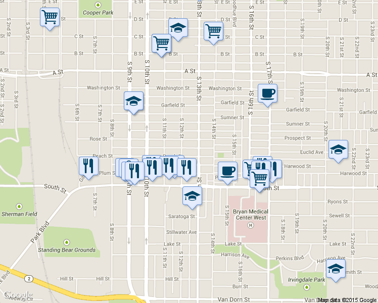 map of restaurants, bars, coffee shops, grocery stores, and more near 1220 Peach St in Lincoln
