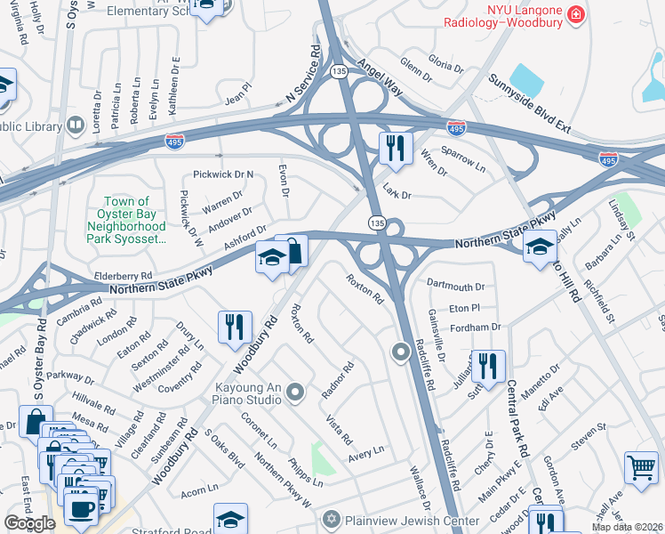 map of restaurants, bars, coffee shops, grocery stores, and more near 104 Roxton Road in Plainview
